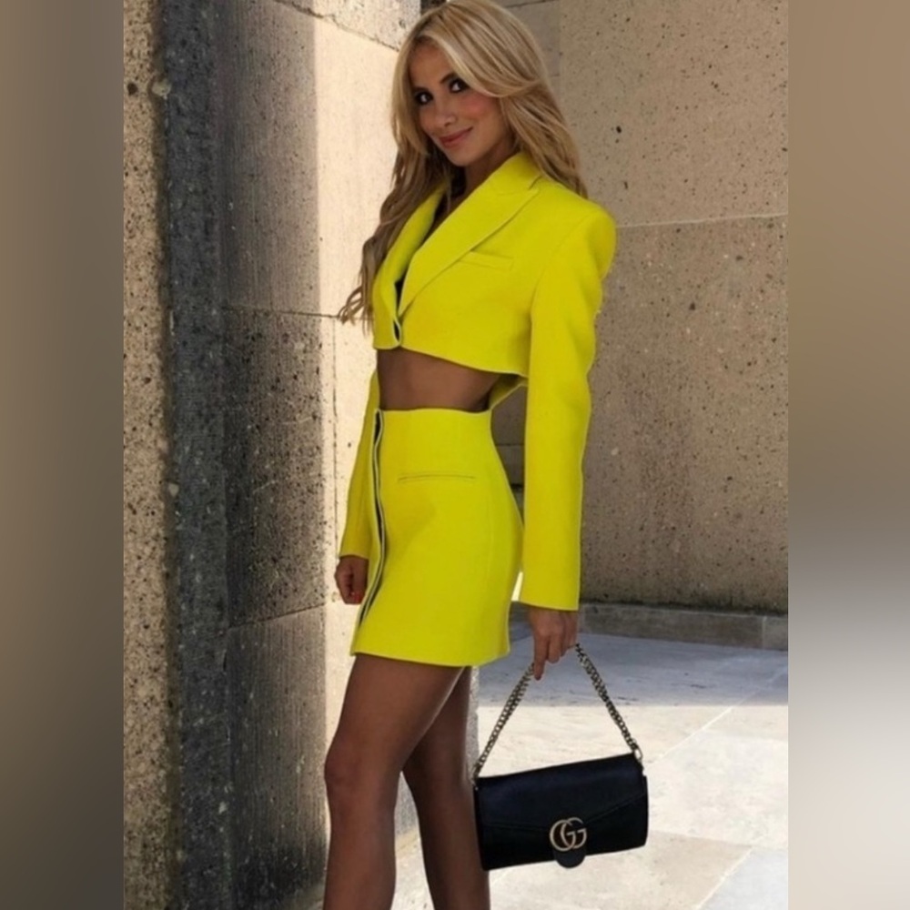 Used Cropped Neon Yellow Blazer Jacket - Women's Fashion